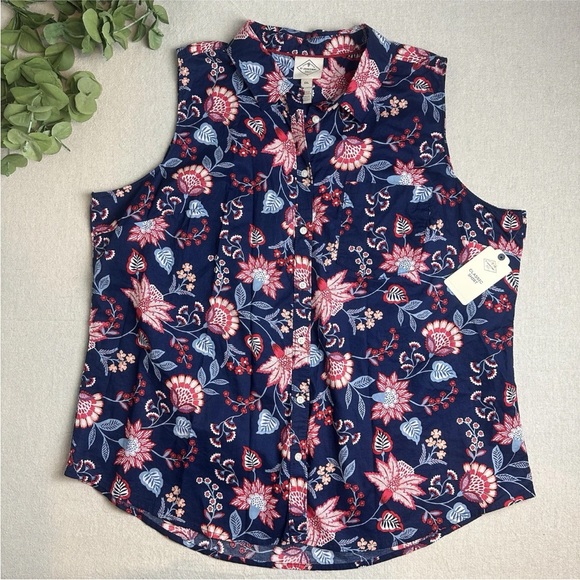 St John’s Bay Classic Sleeveless Shirt Button Up Navy Floral Women’s Size XXL - Picture 1 of 9
